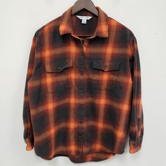Old Navy Womens Fall Plaid Boyfriend Flannel Button Up Top Size L Orange Swiftie - Picture 1 of 8